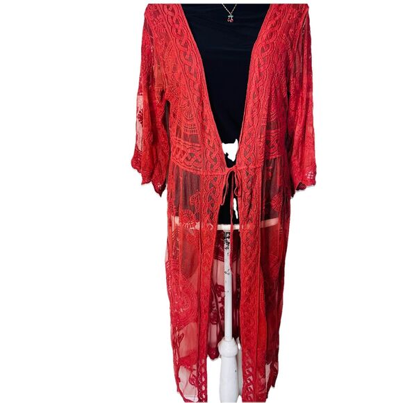 Vivid Collection Open Cardigan SZ M Red Crochet Lace Short Sleeve Top Boho Fall - Picture 5 of 15
